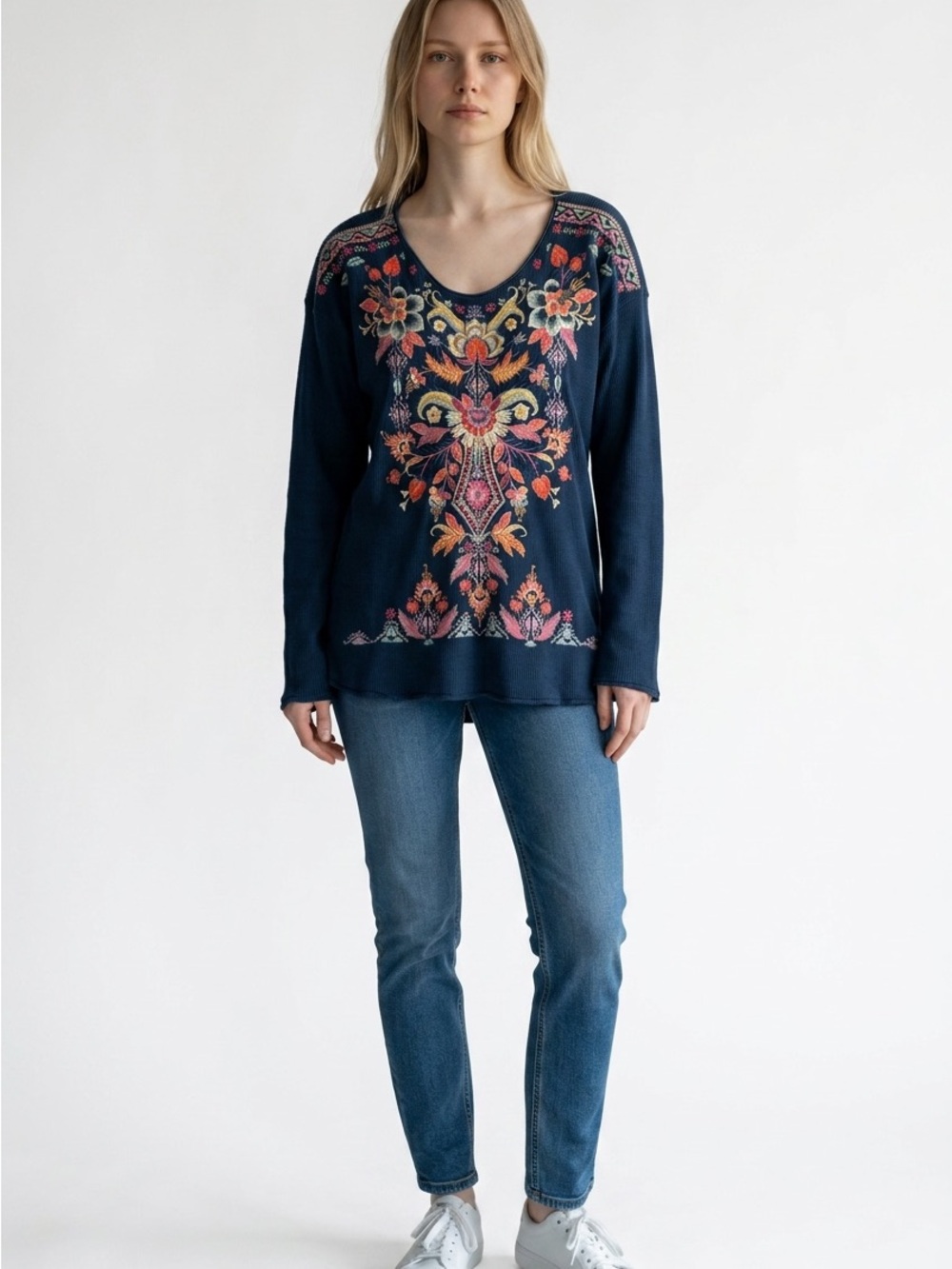 Johnny Was Navy Blue Floral Embroidered V-Neck Blouse-XL